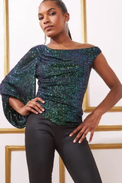 Blouses^* Asymmetric Sequin Balloon Sleeve Top Emerald
