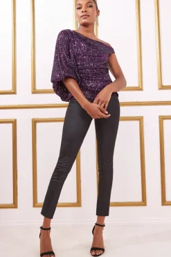 Blouses^* Asymmetric Sequin Balloon Sleeve Top Purple
