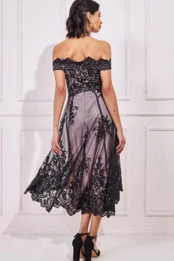 Midi Dresses^* Bardot Sequin & Lace High Low Midi Black