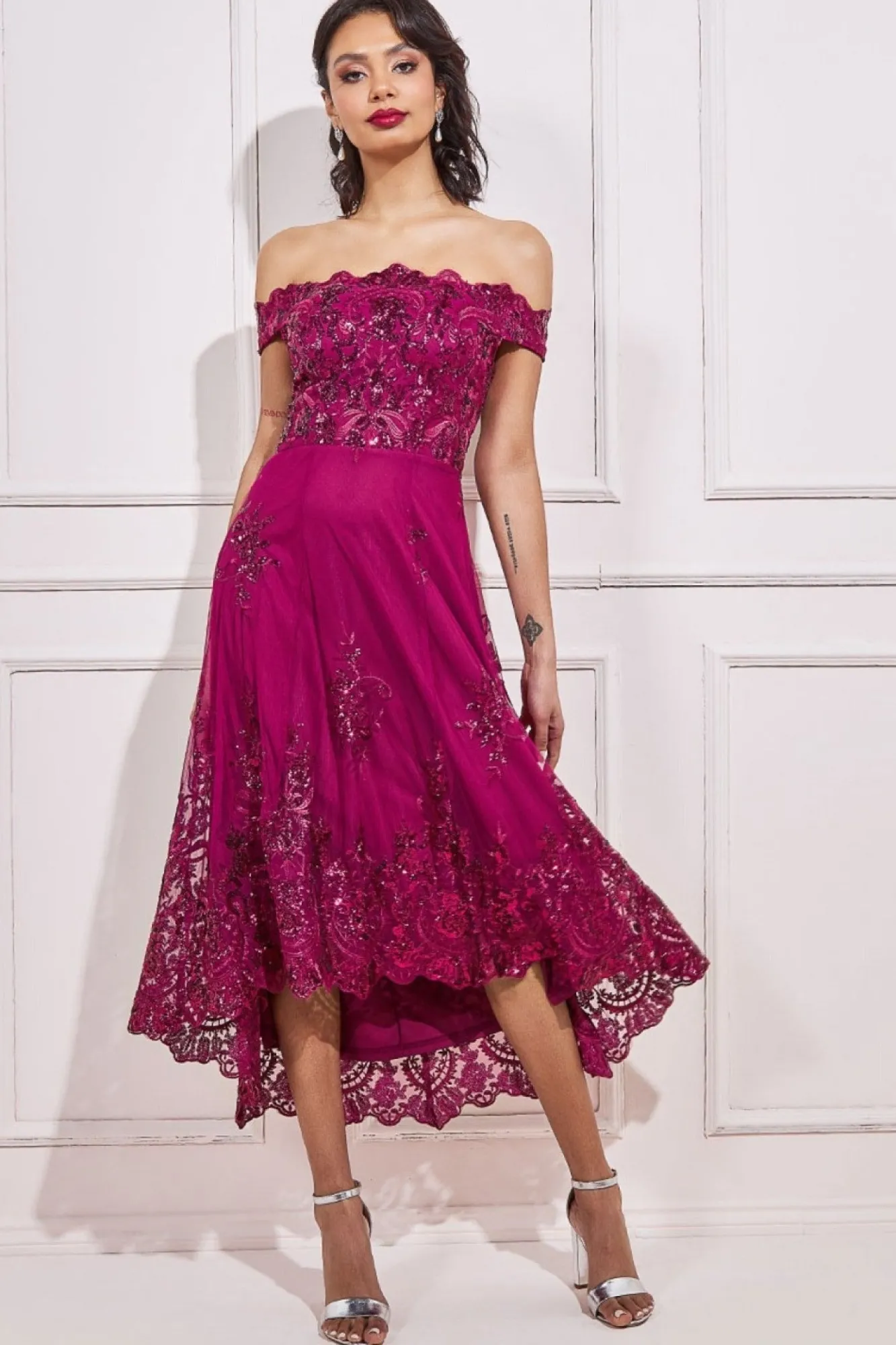 Midi Dresses^* Bardot Sequin & Lace High Low Midi Magenta