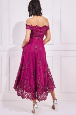 Midi Dresses^* Bardot Sequin & Lace High Low Midi Magenta