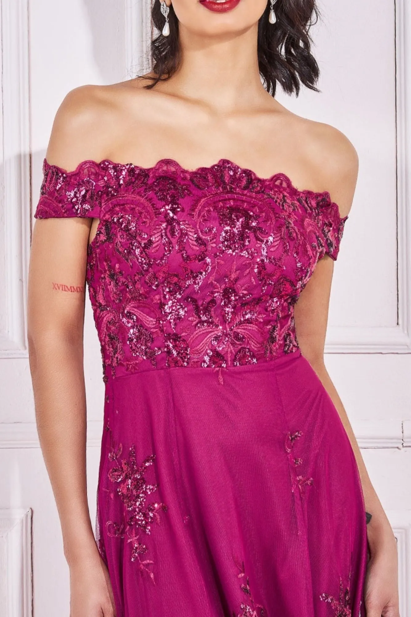 Midi Dresses^* Bardot Sequin & Lace High Low Midi Magenta