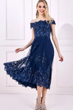 Midi Dresses^* Bardot Sequin & Lace High Low Midi Navy