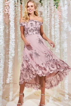 Midi Dresses^* Bardot Sequin & Lace High Low Midi Blush