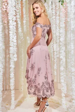 Midi Dresses^* Bardot Sequin & Lace High Low Midi Blush