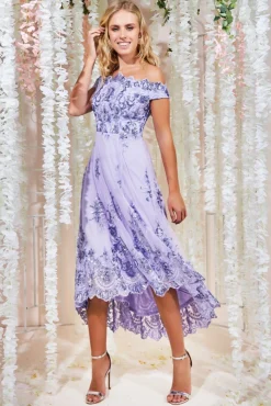 Midi Dresses^* Bardot Sequin & Lace High Low Midi Lilac