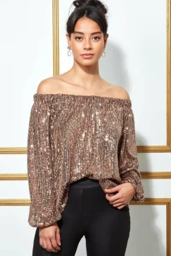 Crop Tops^* Bardot Sequin Crop Top With Cuffed Sleeves Champagne