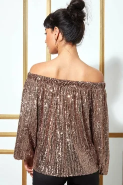 Crop Tops^* Bardot Sequin Crop Top With Cuffed Sleeves Champagne