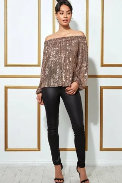 Crop Tops^* Bardot Sequin Crop Top With Cuffed Sleeves Champagne