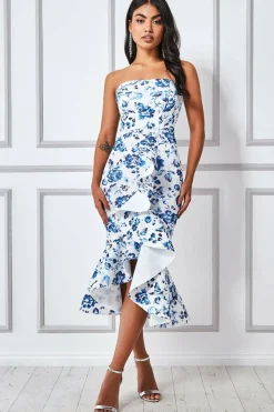 Midi Dresses^* Bow Bandeau Midi With Ruffles Print Blue