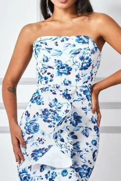 Midi Dresses^* Bow Bandeau Midi With Ruffles Print Blue