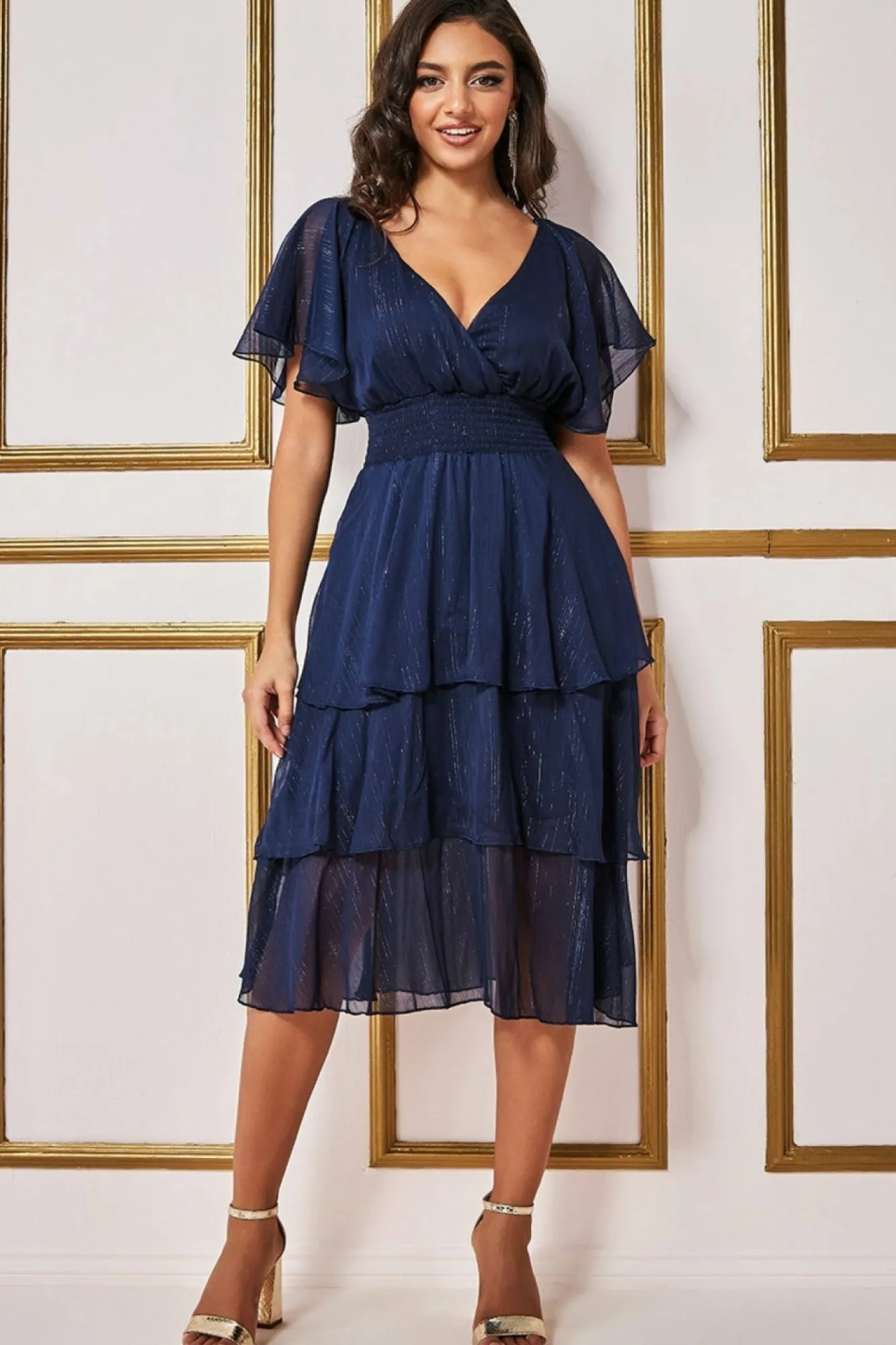 Midi Dresses^* Chiffon Layered Flutter Sleeve Midi Dress Navy