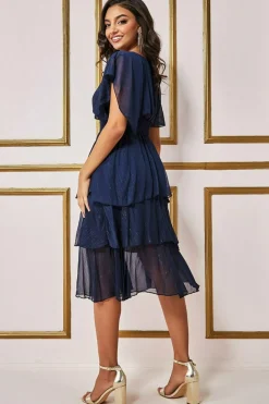 Midi Dresses^* Chiffon Layered Flutter Sleeve Midi Dress Navy