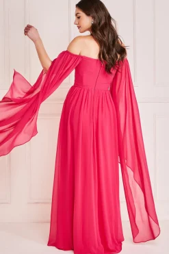 Maxi Dresses^* Chiffon Off The Shoulder Maxi With Wings - Hot Pink Hotpink