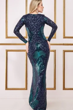 Maxi Dresses^* Contrast Sequin Long Sleeve Maxi Dress Emerald