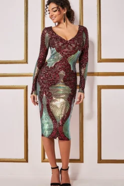 Midi Dresses^* Contrast Sequin Long Sleeve Midi Dress Wine