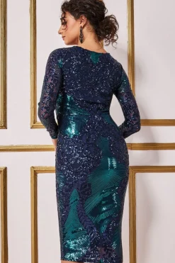 Midi Dresses^* Contrast Sequin Long Sleeve Midi Dress Emerald