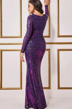 Maxi Dresses^* Contrast Sequin Long Sleeve Maxi Dress Purple