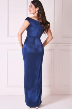 Maxi Dresses^* Cowl Bardot Satin Twill Maxi Dress Navy
