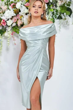 Midi Dresses^* Cowl Neck Bardot Satin Midi Front Split - Sage Green Sagegreen