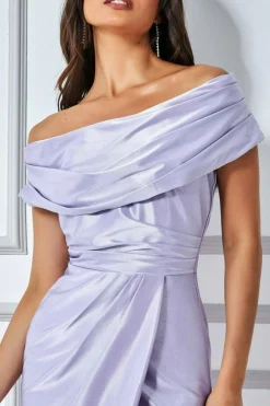 Midi Dresses^* Cowl Neck Bardot Satin Midi Front Split Lilac