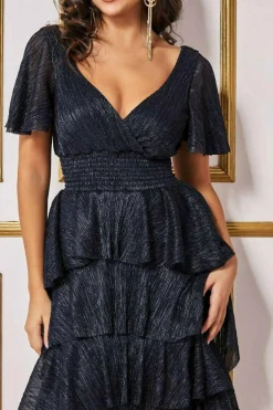 Midi Dresses^* Crinkle Lurex High Low Layered Midi Dress Navy