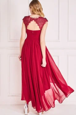 Maxi Dresses^* Crochet & Pleated Top High Low Maxi Burgundy