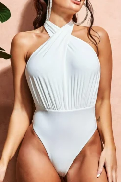 Swimwear^* Deep Plunge Halter Neck Swimsuit White