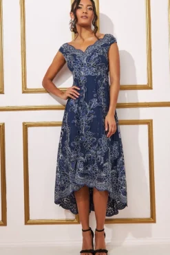 Midi Dresses^* Embroidered Lace Midi Asymmetrical Hem Navy