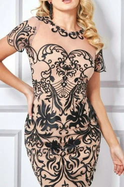 Midi Dresses^* Embroidered Mesh & Lace Midi Scalloped Hem Black