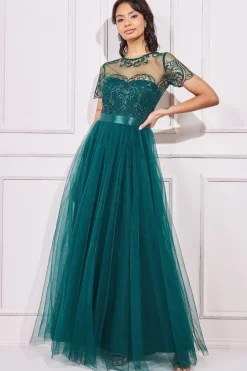 Maxi Dresses^* Embroidered Mesh Maxi Dress Emerald Green