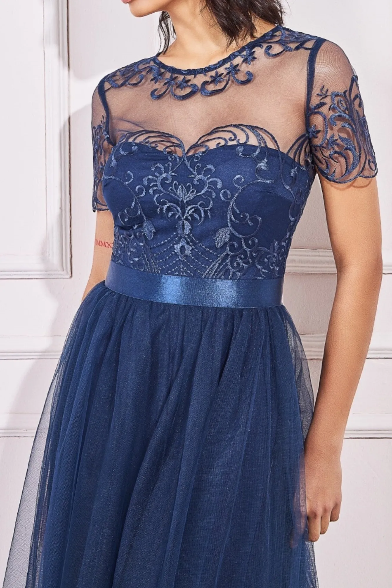 Maxi Dresses^* Embroidered Mesh Maxi Dress Navy