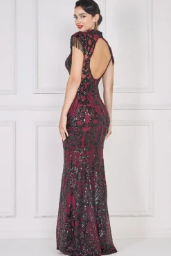 Maxi Dresses^* Embroidered Sequin Beaded Cap Sleeve Maxi Burgundy
