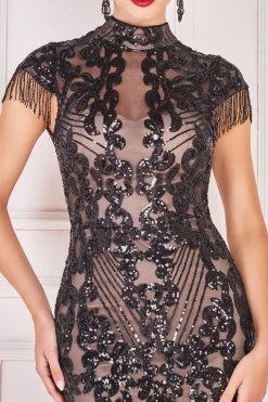 Maxi Dresses^* Embroidered Sequin Beaded Cap Sleeve Maxi Black