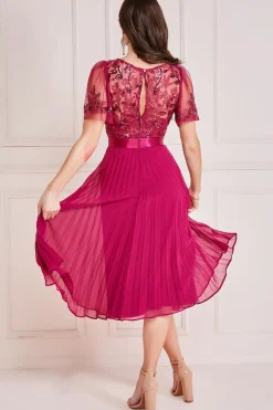 Midi Dresses^* Embroidered Top Chiffon Pleated Midi Magenta