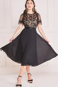 Midi Dresses^* Embroidered Top Chiffon Pleated Midi Black