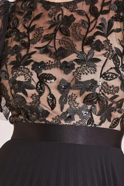 Midi Dresses^* Embroidered Top Chiffon Pleated Midi Black
