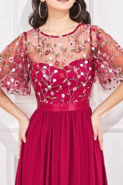 Maxi Dresses^* Embroidered Top Flutter Sleeve Maxi Burgundy