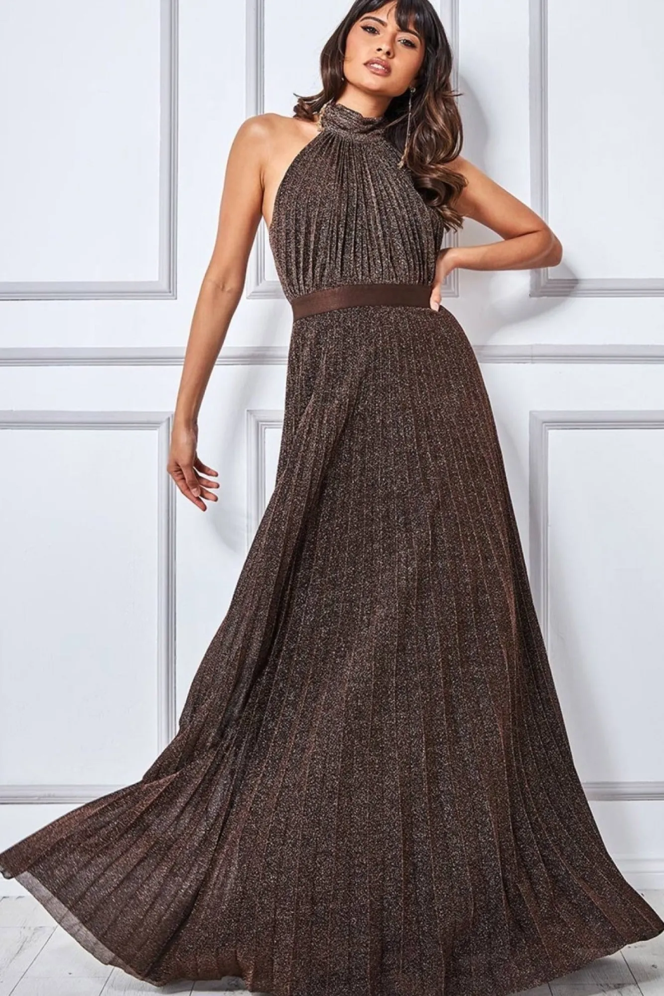 Maxi Dresses^* Exclusive Lurex Halterneck Pleated Maxi Bronze