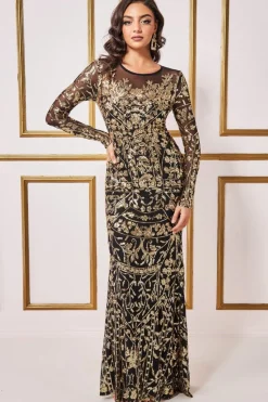 Maxi Dresses^* Exclusive Sequin Mesh Embroidered Maxi Dress Gold