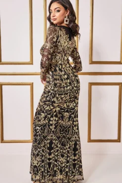 Maxi Dresses^* Exclusive Sequin Mesh Embroidered Maxi Dress Gold