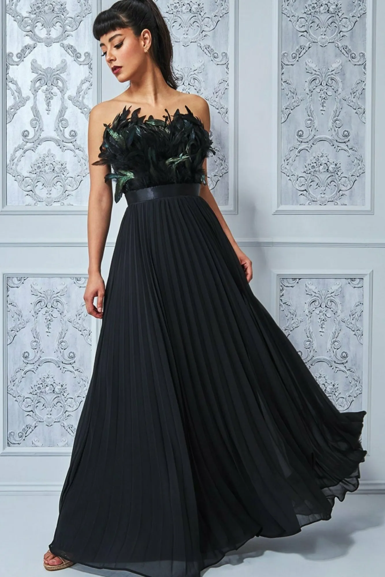 Maxi Dresses^* Feather Off The Shoulder Pleated Evening Black