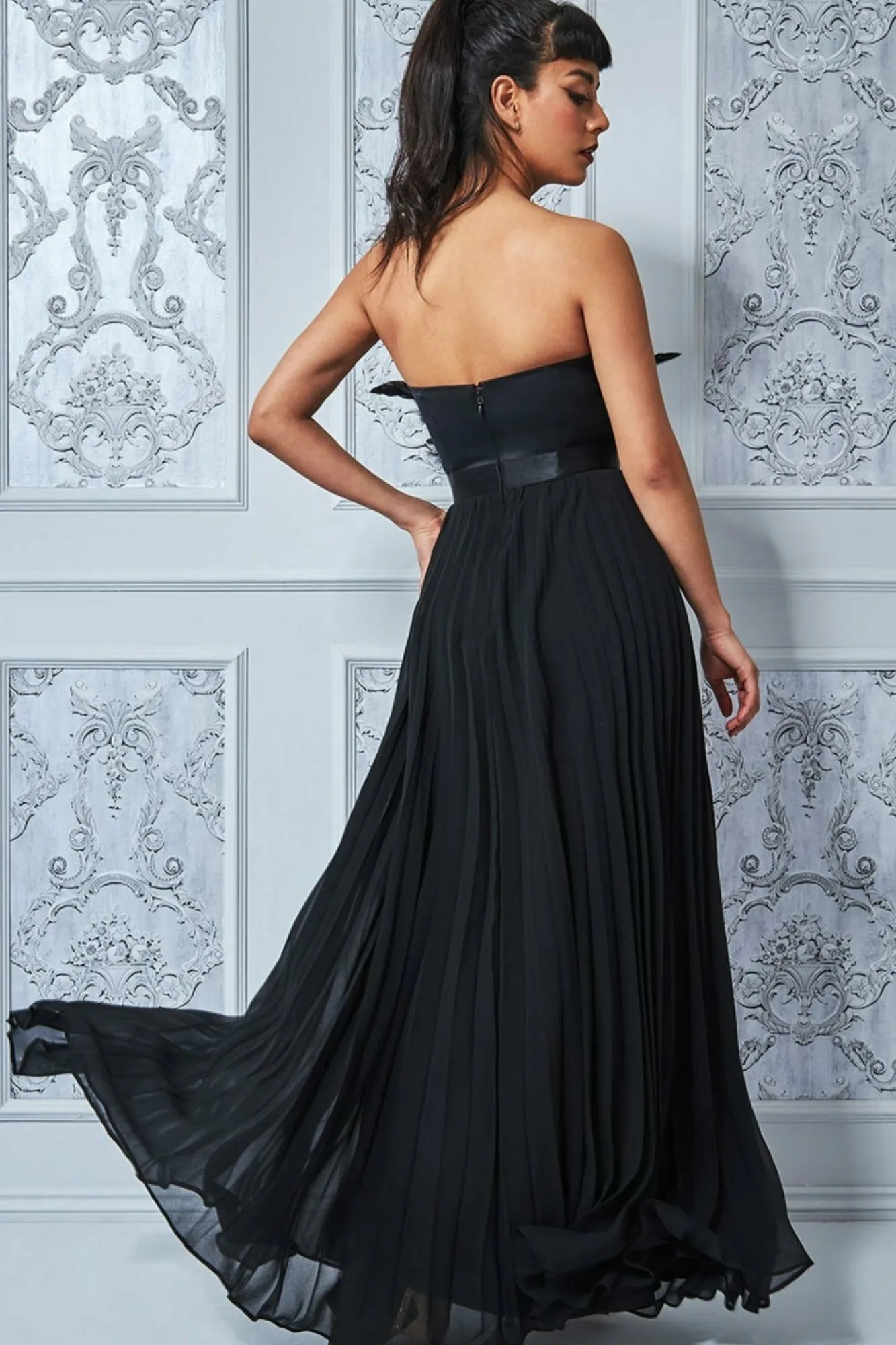 Maxi Dresses^* Feather Off The Shoulder Pleated Evening Black
