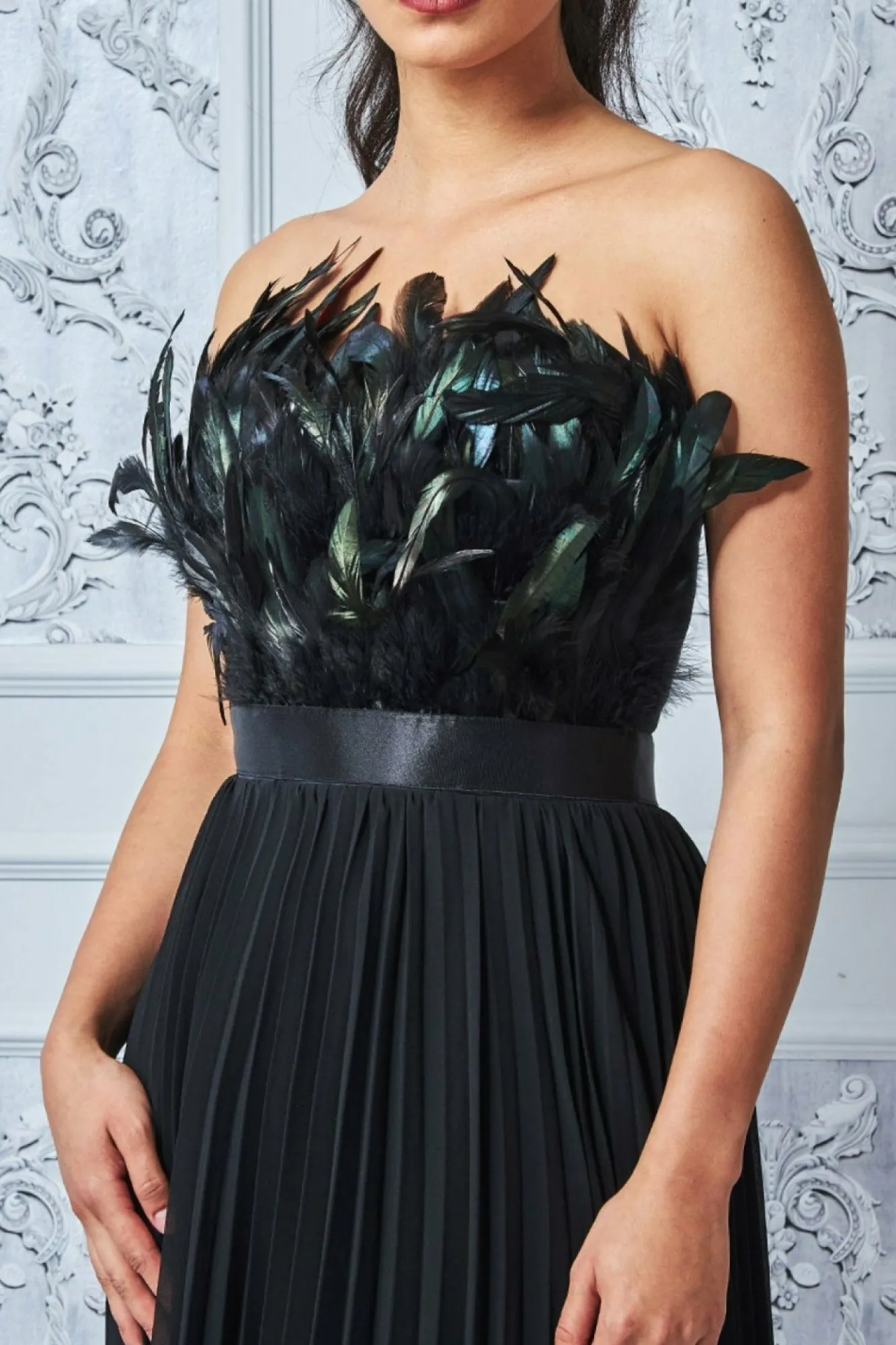 Maxi Dresses^* Feather Off The Shoulder Pleated Evening Black
