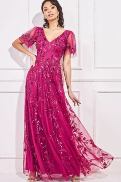 Maxi Dresses^* Flared Sleeve Embroidered Maxi Dress Magenta