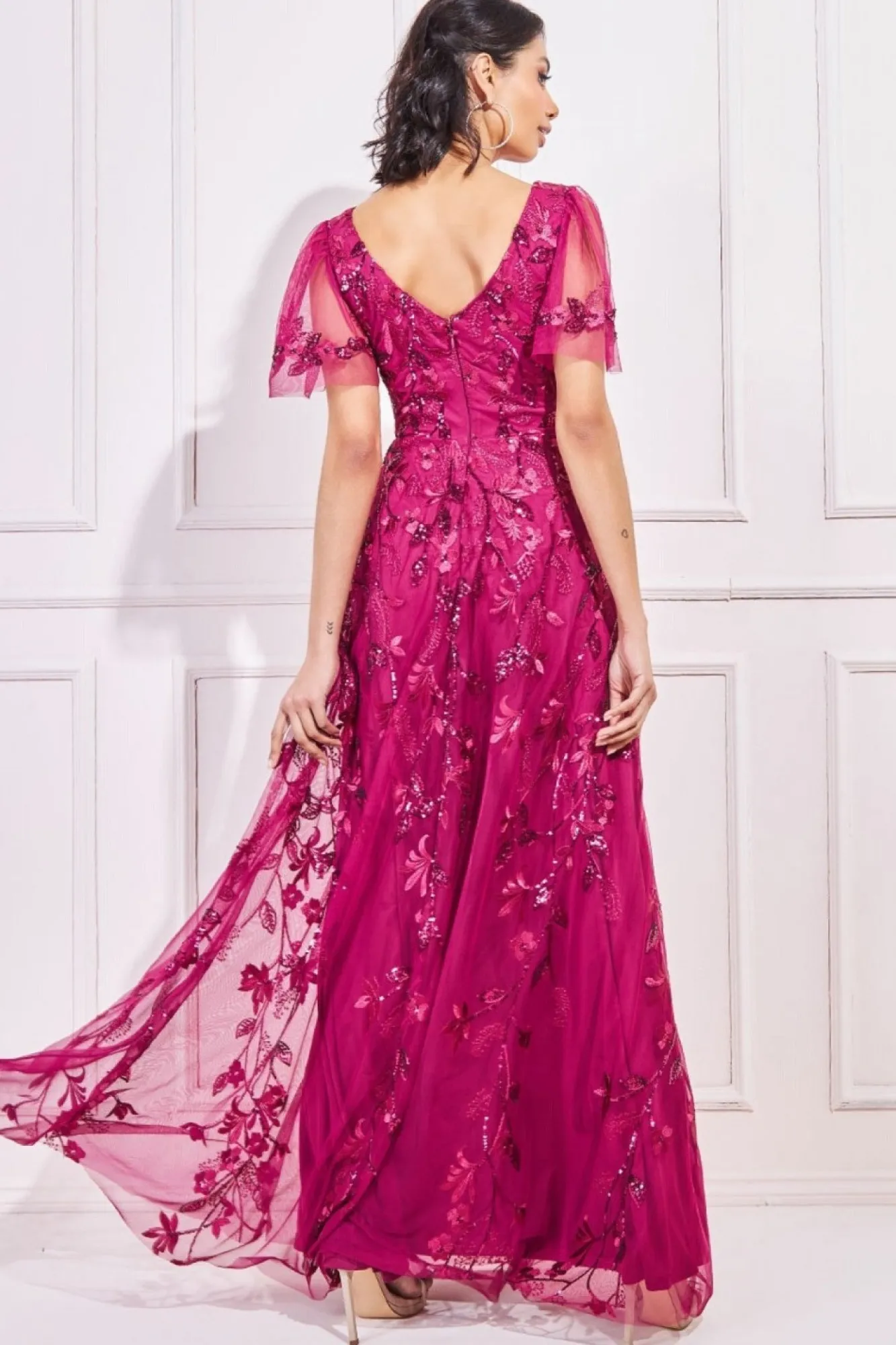 Maxi Dresses^* Flared Sleeve Embroidered Maxi Dress Magenta