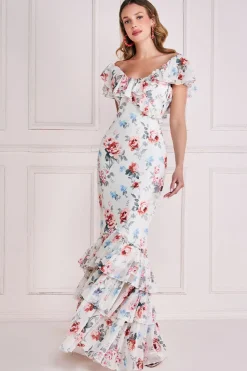 Maxi Dresses^* Floral Printed Chiffon Ruffle Maxi Cream