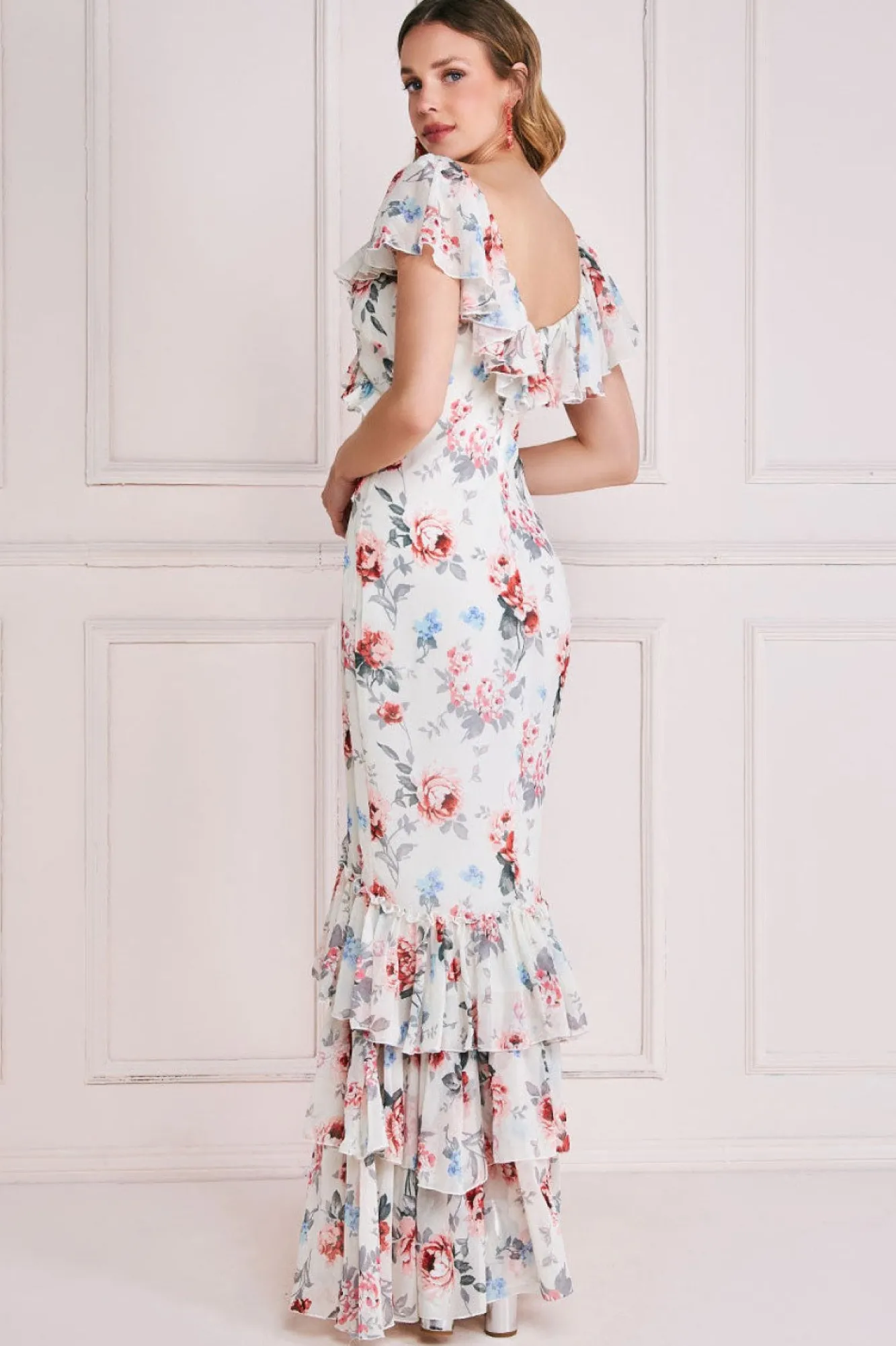 Maxi Dresses^* Floral Printed Chiffon Ruffle Maxi Cream