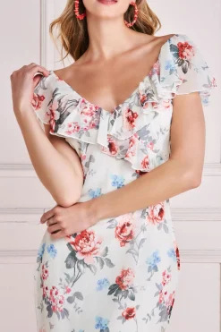Maxi Dresses^* Floral Printed Chiffon Ruffle Maxi Cream