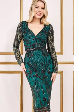 Midi Dresses^* Full Sleeve Sequin Midi Dress Green Emerald